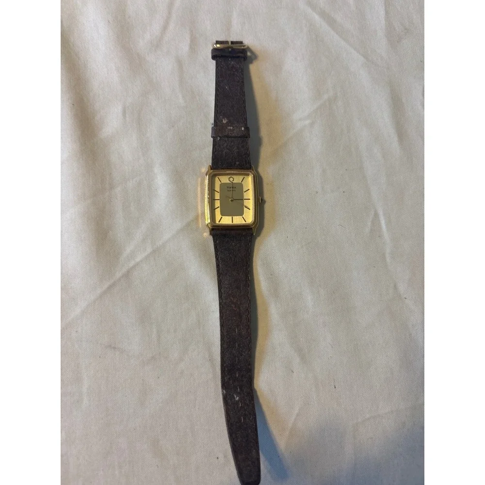 Timex Quartz Watch Unisex Gold Rectangular Brown Leather Strap selling for parts